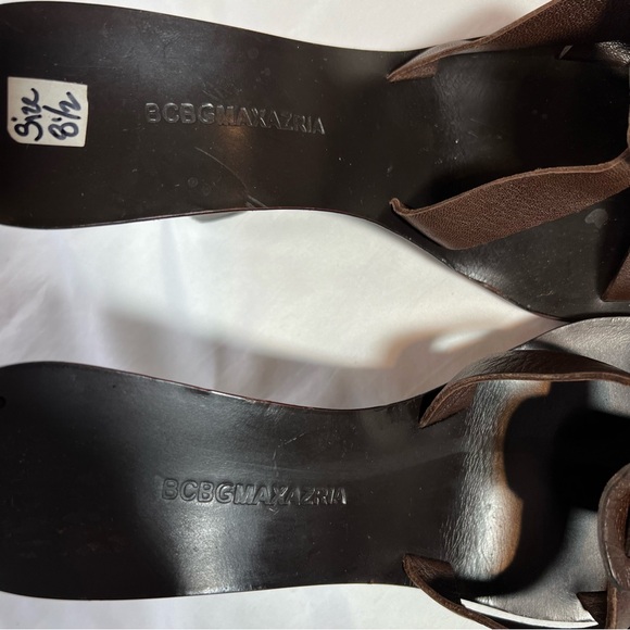 BCBGMaxAzria Brown Leather Strappy Ankle Strap 4” Wedge Sandals Size 8.5 39 - Picture 8 of 15